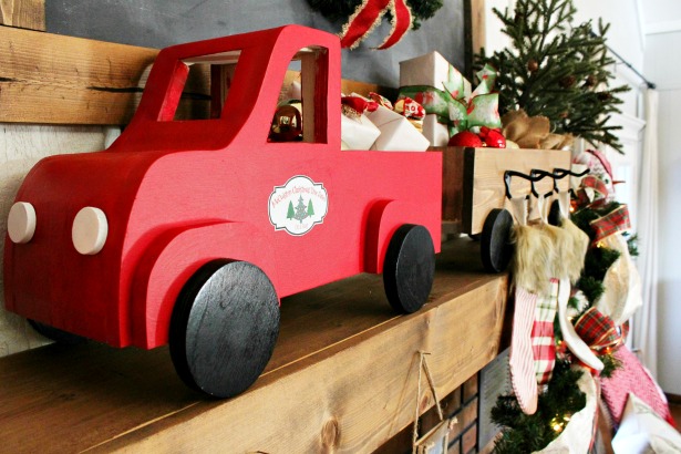 Little red wooden truck Christmas stocking hanger box