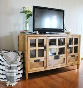 How to build your own DIY display media console cabinet and tv stand with drawer storage and glass panel doors!