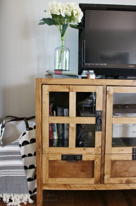 DIY Display Media Console Cabinet--free building plans and how to make glass panel doors!