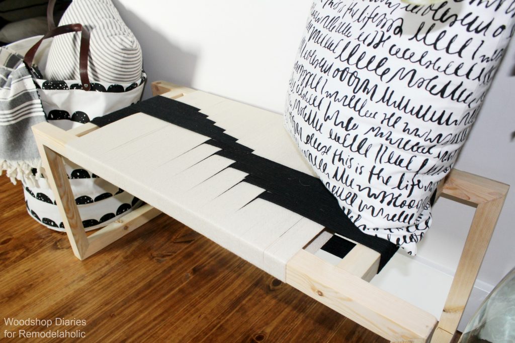 DIY Modern Woven Bench with black and white woven seat--super easy building tutorial