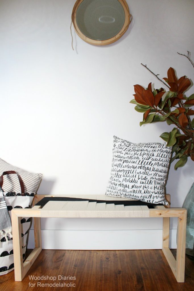 How to build your own DIY modern woven bench with a few simple tools, a couple boards and some black and white string!