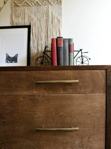 How to build a mid century modern dresser--how to miter corner cabinets and build a round leg furniture base Stained in Minwax special walnut and build from plywood.