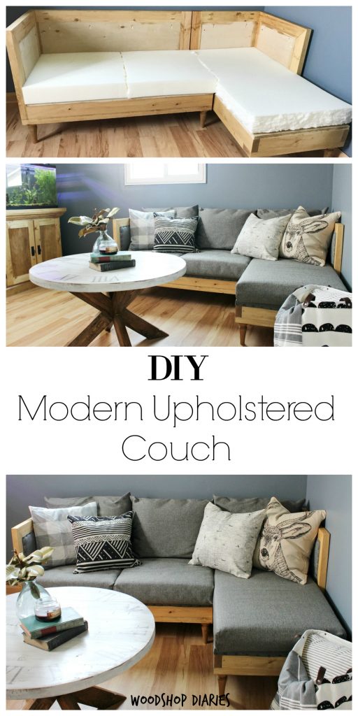 How to build your own DIY Couch--free building plans and upholstery tutorial to make your own modern upholstered couch. Perfect for small, modern spaces and easy to customize. Stained in Minwax Golden Oak and finished in grey upholstery fabric, this is a classic looking couch that is easy to build yourself!
