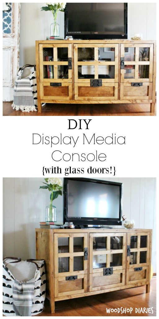 How to build a DIY display media console cabinet or tv stand! Get the free building plans here and make your own TV stand with glass doors and drawers for extra storage. Stained in Minwax Early American with mission style hardware