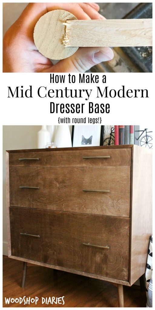 How to build a mid century modern furniture base to use with cabinets, dressers, desks, or tables.  This technique uses round legs and straight supports to make that mid century modern look