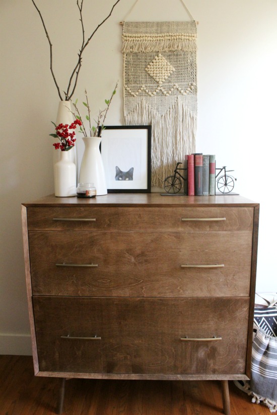 DIY Mid Century Dresser with Mitered Corners and a DIY round leg base--free building plans 