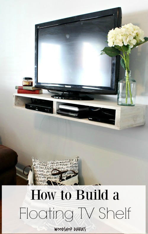 How to build a simple modern easy DIY Floating TV Shelf with storage cubbies for DVD players and accessories--free building plans and tutorial. Great beginner woodworking project!