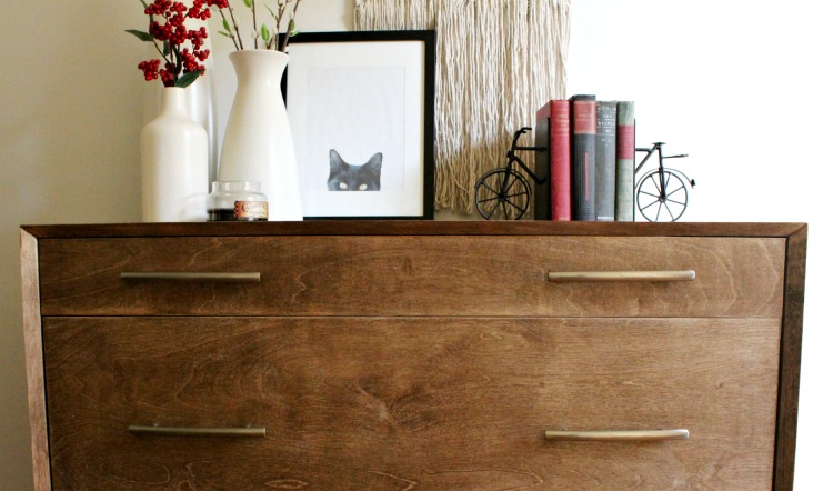 How to add detail to a DIY mid century modern dresser with mitered corners and round leg base