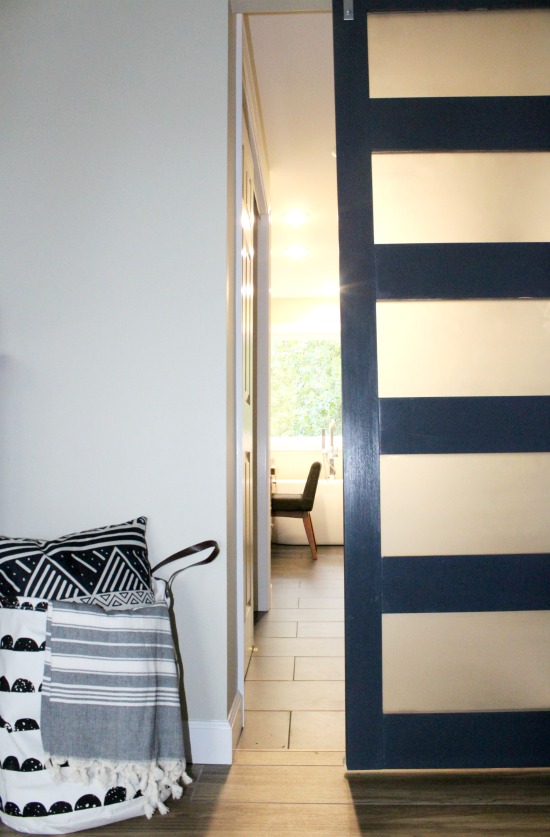 Modern Navy Sliding Door for bathroom--learn how to make your own!