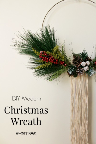 How to make your own DIY Modern Christmas Wreath from macrame hoop and a few floral stems! Very easy DIY wreath for Scandinavian style Christmas decor