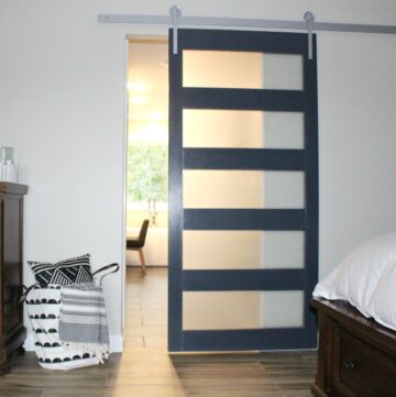 How to build your own DIY modern sliding door with mid century style frosted glass panes!