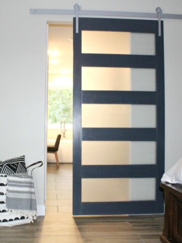 How to build your own DIY modern sliding door with mid century style frosted glass panes!
