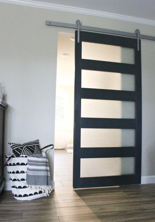 DIY Modern sliding door with frosted glass panels painted in Sherwin Williams Naval