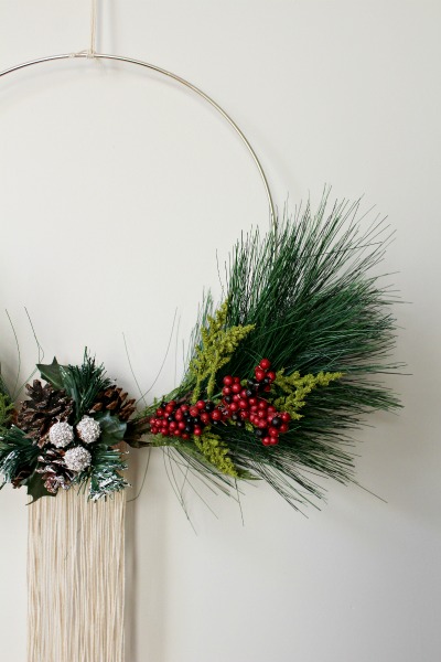 How to to make a DIY Modern Christmas Wreath with macrame hoop and a few floral stems--so easy and cheap and can be changed up for the seasons