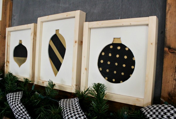 DIY Scrap Wood Christmas Signs with black and white and gold ornament shapes