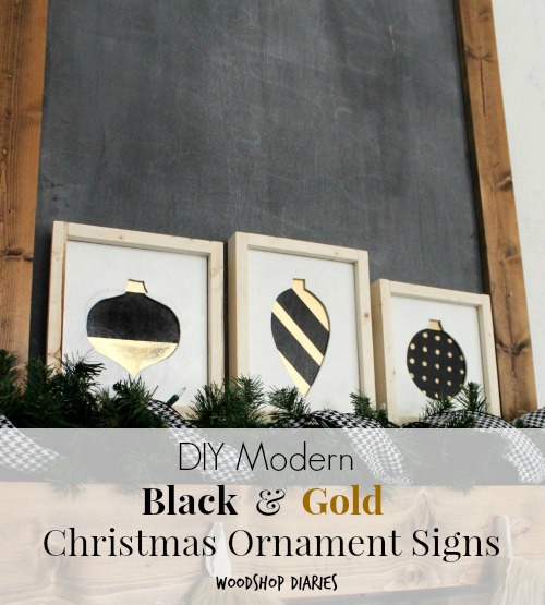 How to make these DIY Christmas Signs with black, white, and gold Christmas Ornament shapes from scrap wood. Perfect for modern or Scandinavian Christmas decor
