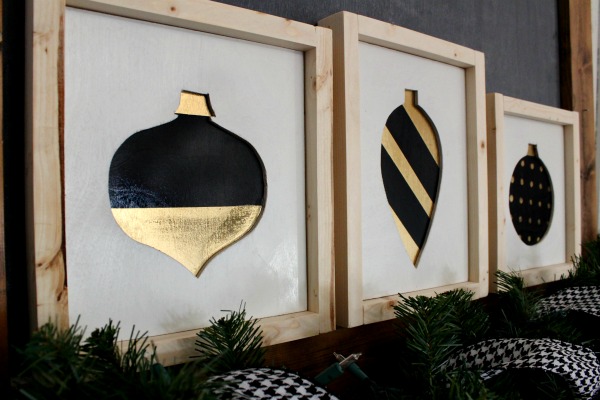 modern black and gold christmas ornament signs from scrap wood