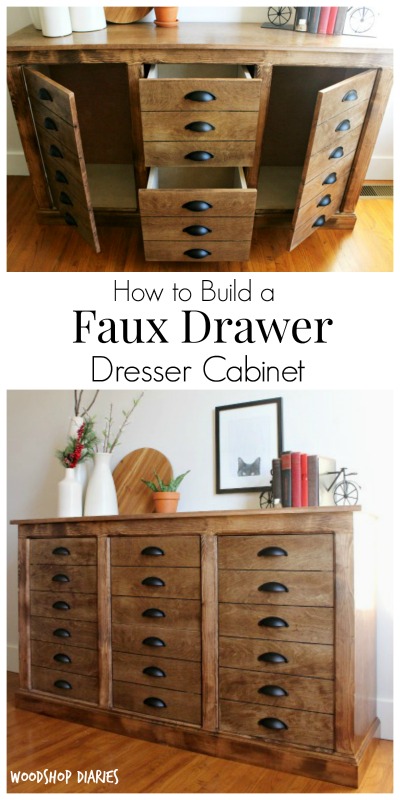 How to Build a DIY Faux Drawer Dresser Cabinet that looks like a DIY apothecary cabinet--free building plans and tutorial!