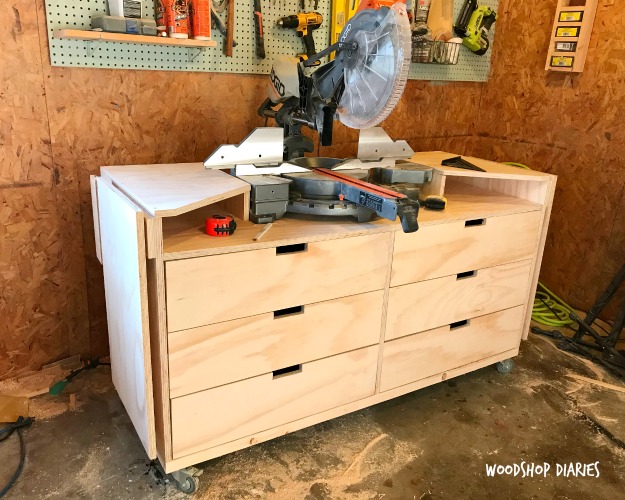 How to build a mobile Miter Saw Stand with storage drawers, and fold down extension wings