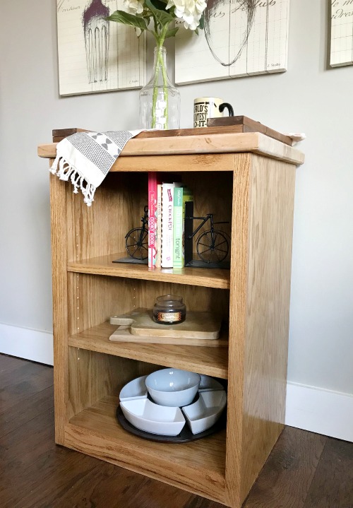 Simple oak DIY stand alone shelf with adjustable shelves