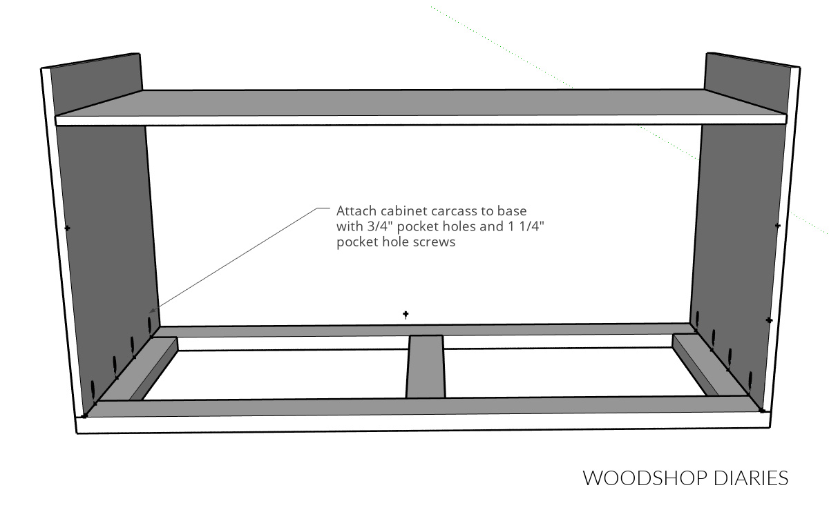 Computer drawn diagram showing how to install miter saw side panels to 2x4 base
