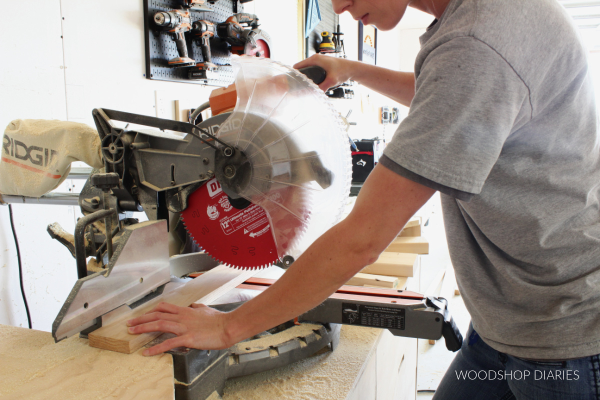 Shara Woodshop Diaries using miter saw on miter saw stand