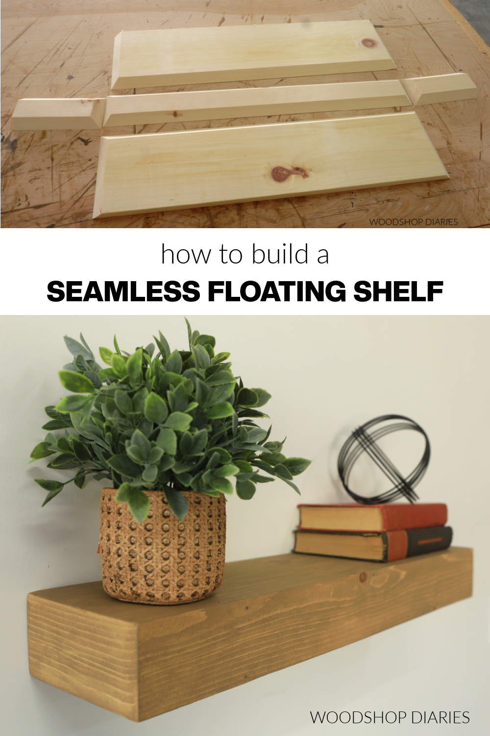 Pinterest collage image showing pieces of floating shelf box at top and completed DIY floating shelf at bottom