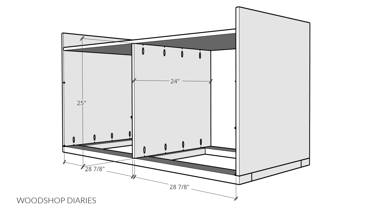 Dimensional diagram showing where and how to install divider panel using pocket holes and screws