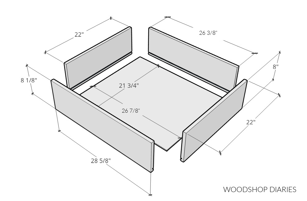 exploded dimensional diagram of drawer box