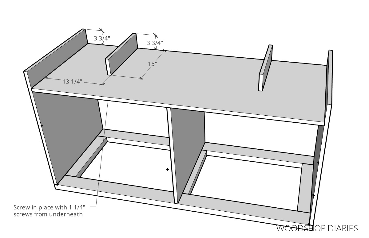 Dimensional diagram showing where to install cubby side panels for top of miter saw stand