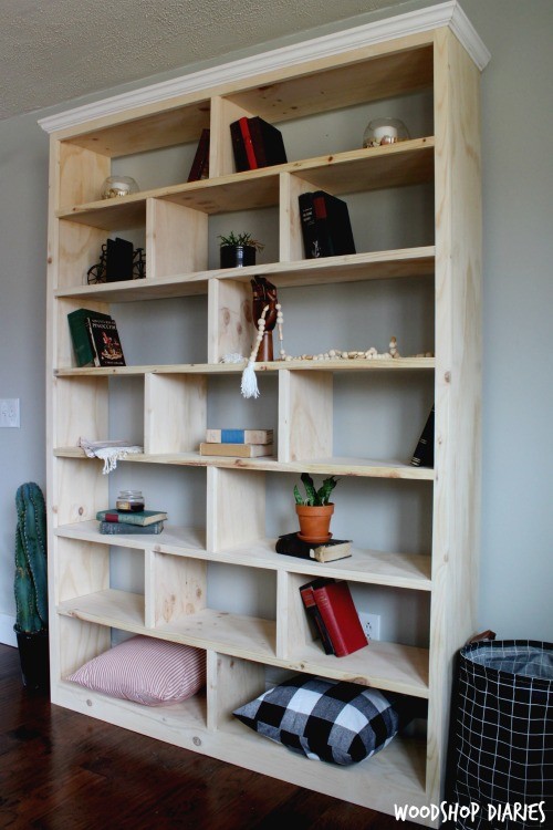 Unfinished pine plywood DIY bookshelf with crown molding