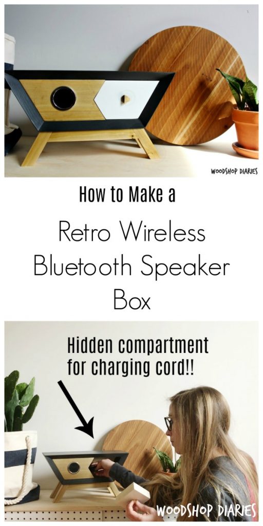 How to make a retro mid century modern style DIY wireless Bluetooth speaker box with hidden compartment for storing the charging cord!