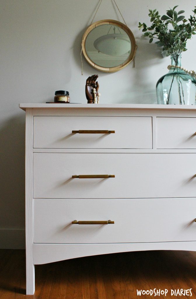 DIY White Vintage Inspired Dresser with Brass Drawer Pulls and Plenty of Storage