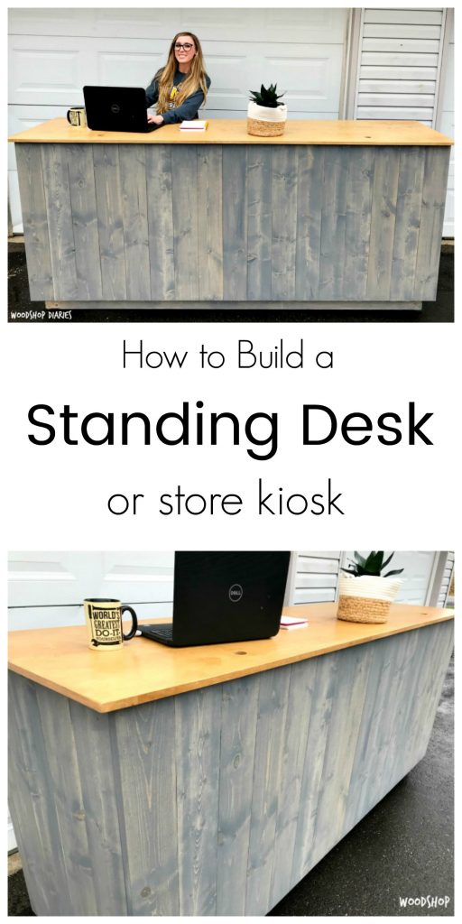 How to build your own DIY standing desk with planked sides! Could also be used for a store kiosk desk or display. The contrasting colors between Minwax Golden Oak and Rustoleum Weathered Grey give it s fun farmhouse feel.
