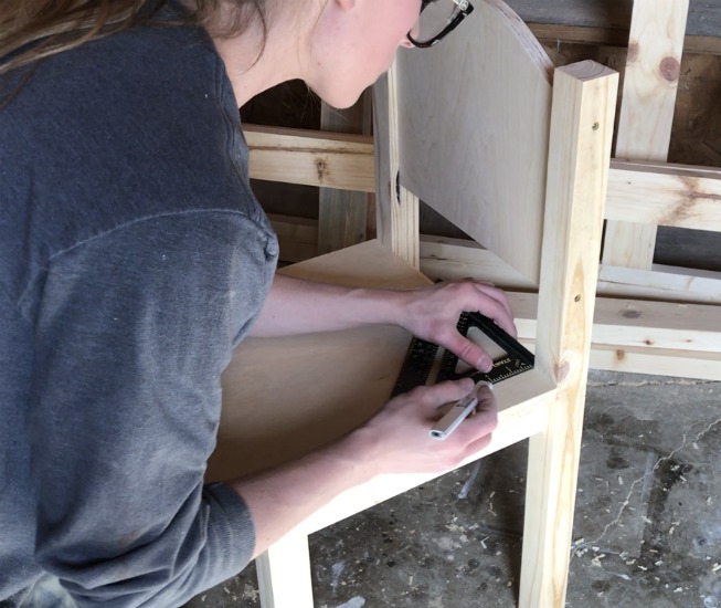 Shara Woodshop Diaries using square to mark notches in back corners of kids chair seat 