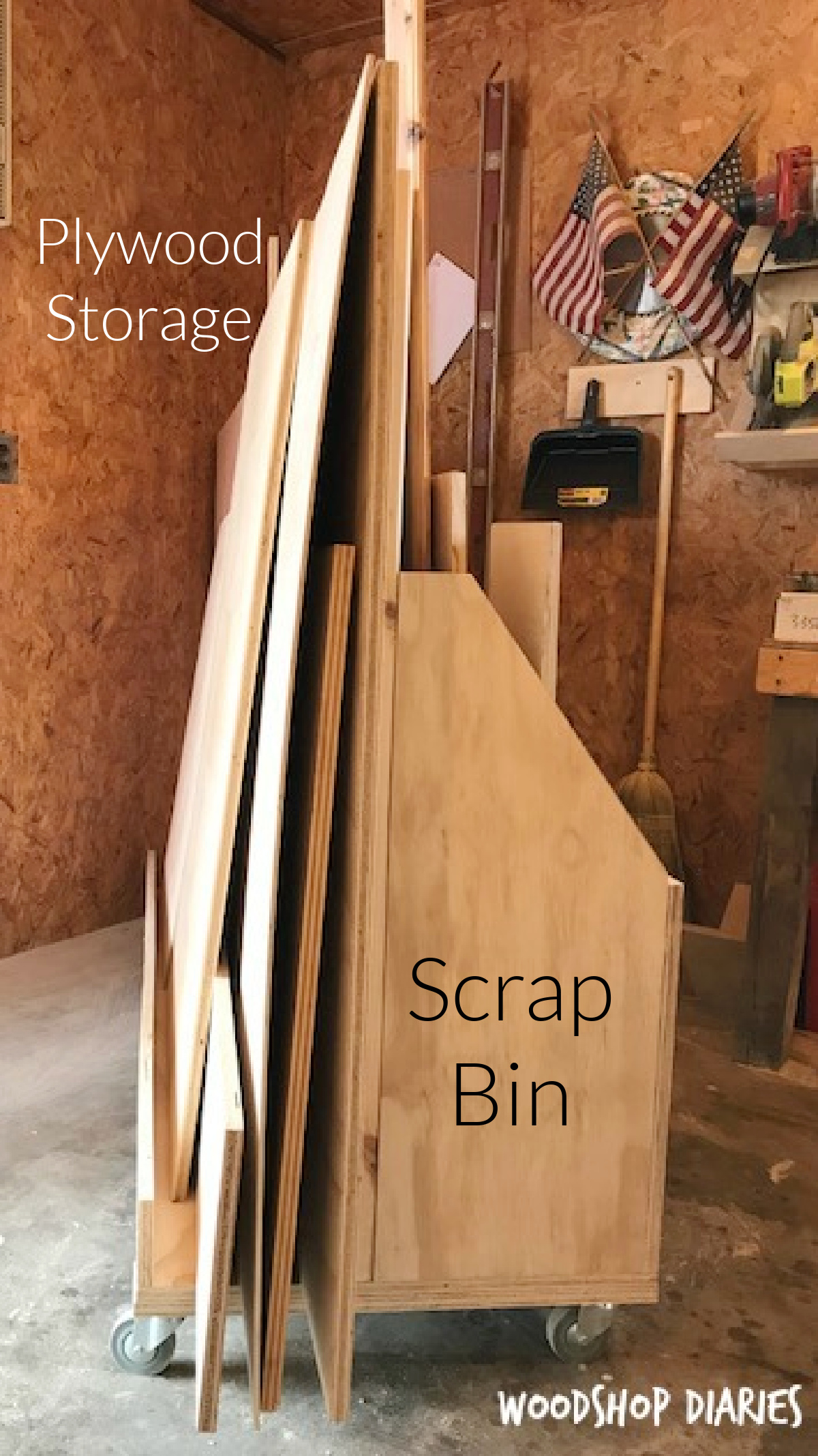 Scrap wood and plywood storage cart loaded up with lumber.  Text designating which side is scraps and which side is for plywood