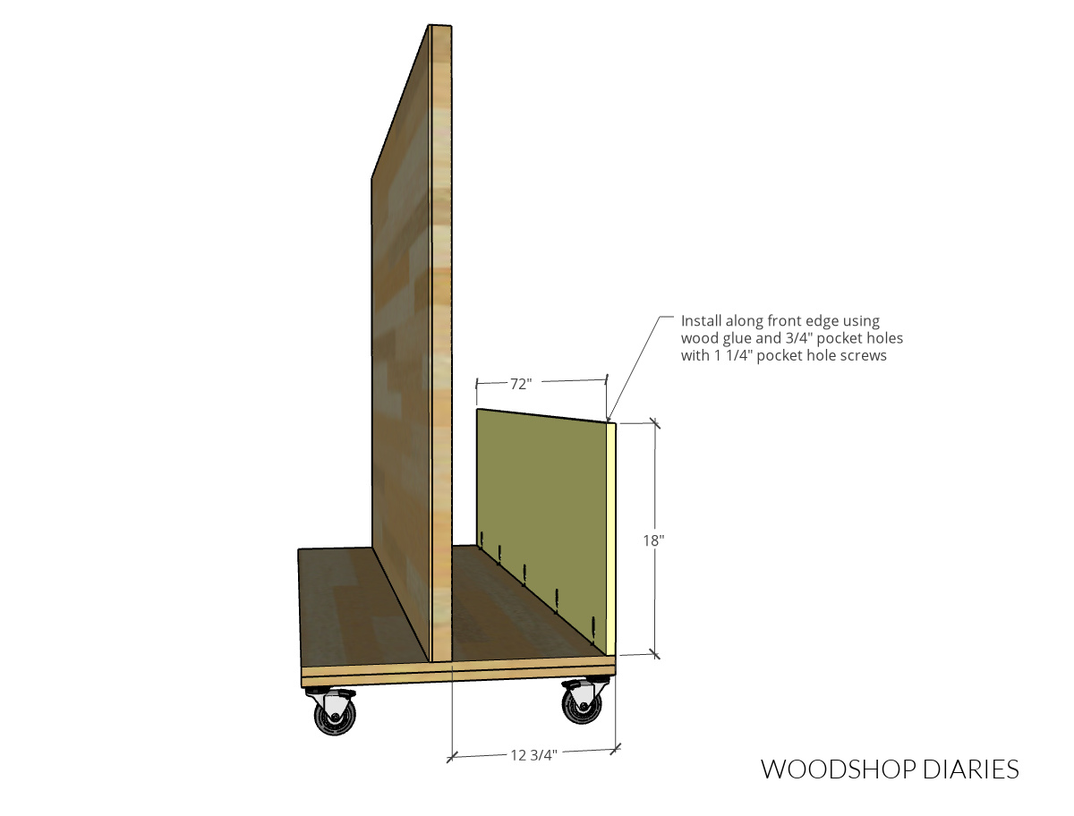 computer drawn dimensional diagram showing front scrap bin plywood panel installed