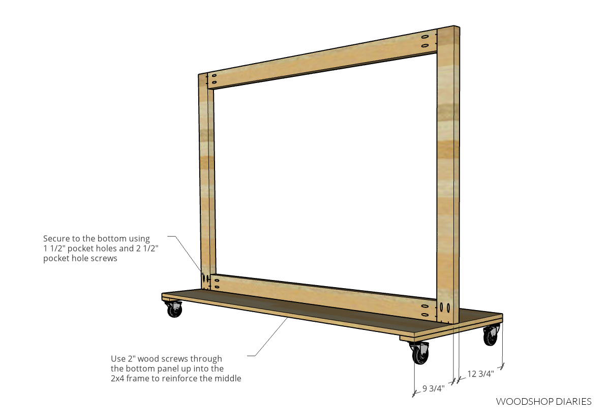 Diagram showing how to install divider frame to bottom panel of plywood storage cart
