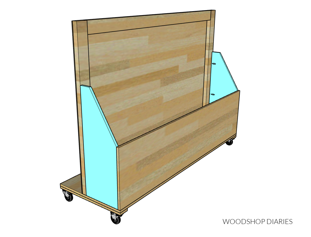 computer diagram showing scrap bin side panels installed onto plywood cart