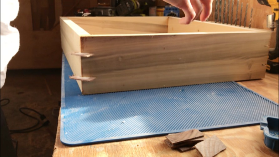 Splines glued into corners of picture frame keepsake box