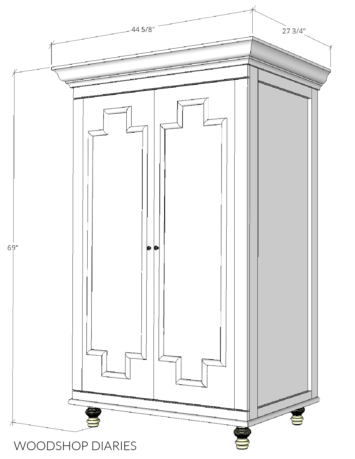 Overall dimensional diagram of DIY armoire cabinet-- 44 ⅝" wide, 27 ¾" deep and 69" tall