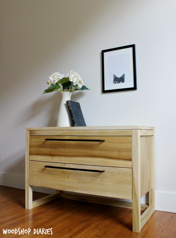 DIY modern nightstands made of poplar with long, bronze drawer pulls