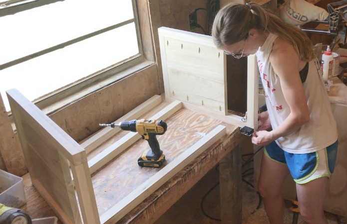 Drill dowel holes to assemble DIY nightstand frame