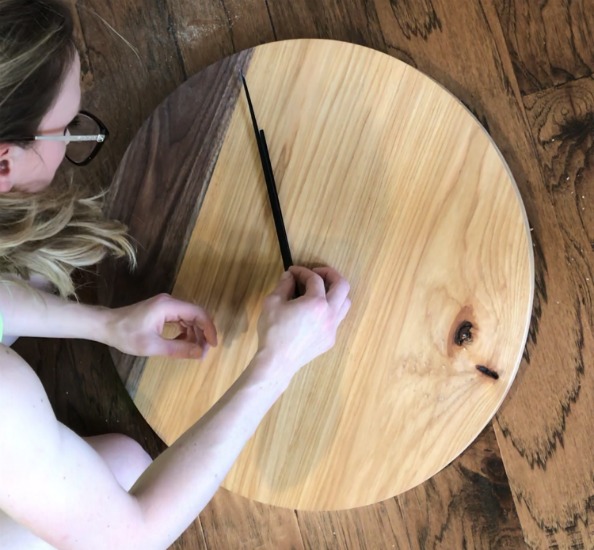 Shara Woodshop Diaries installing clock hands on two tone wood clock