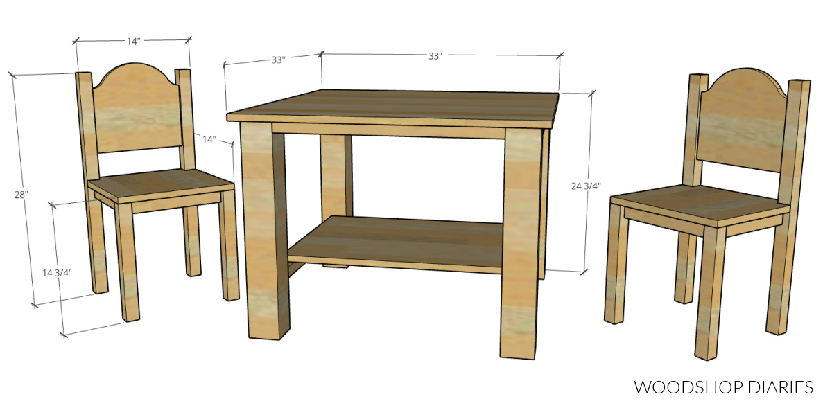 Overall dimensional diagram of DIY kids table and chair playset