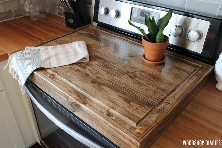 DIY Wooden Stove Top Cover on stove for added counter space in kitchen