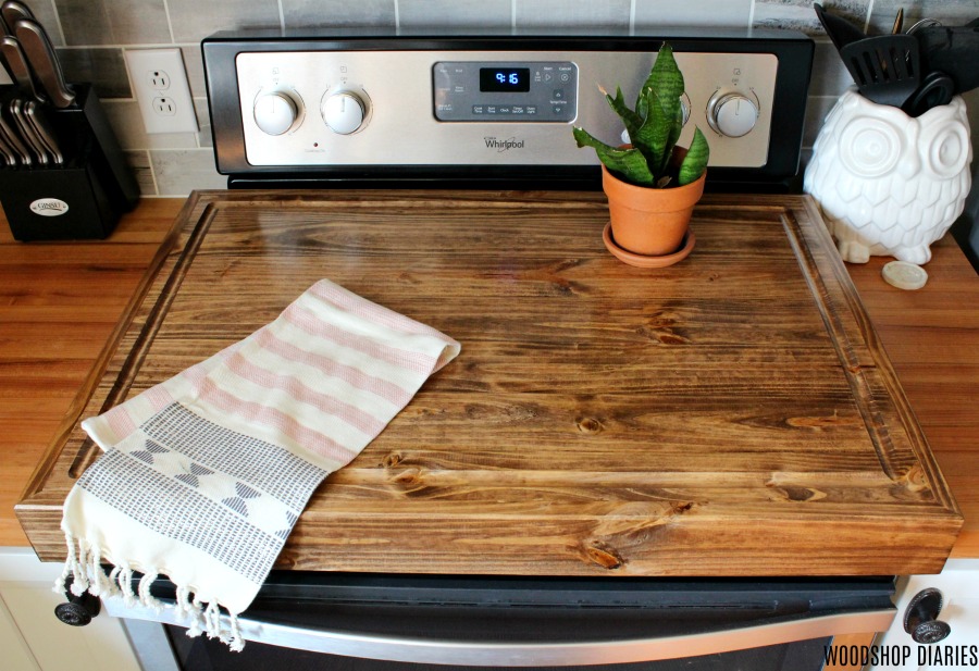 RV Glass Stove Top Cover - Barn Wood and Cutting Board