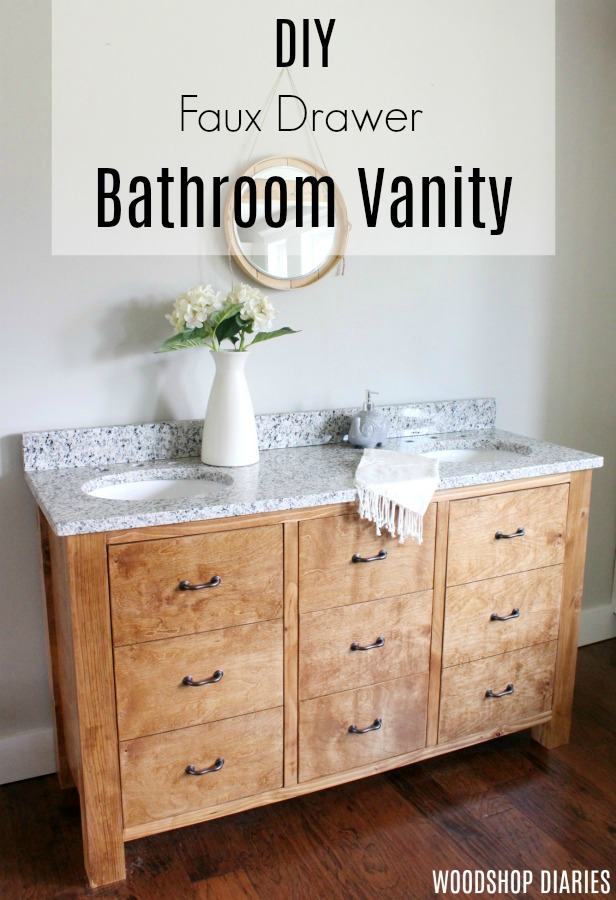 How to build a faux drawer DIY bathroom vanity cabinet that will maximize your style and your storage space. With the look of drawers, but the function of doors, this easy to build vanity is perfect for a double sink in a master bathroom! Grab the free plans here.