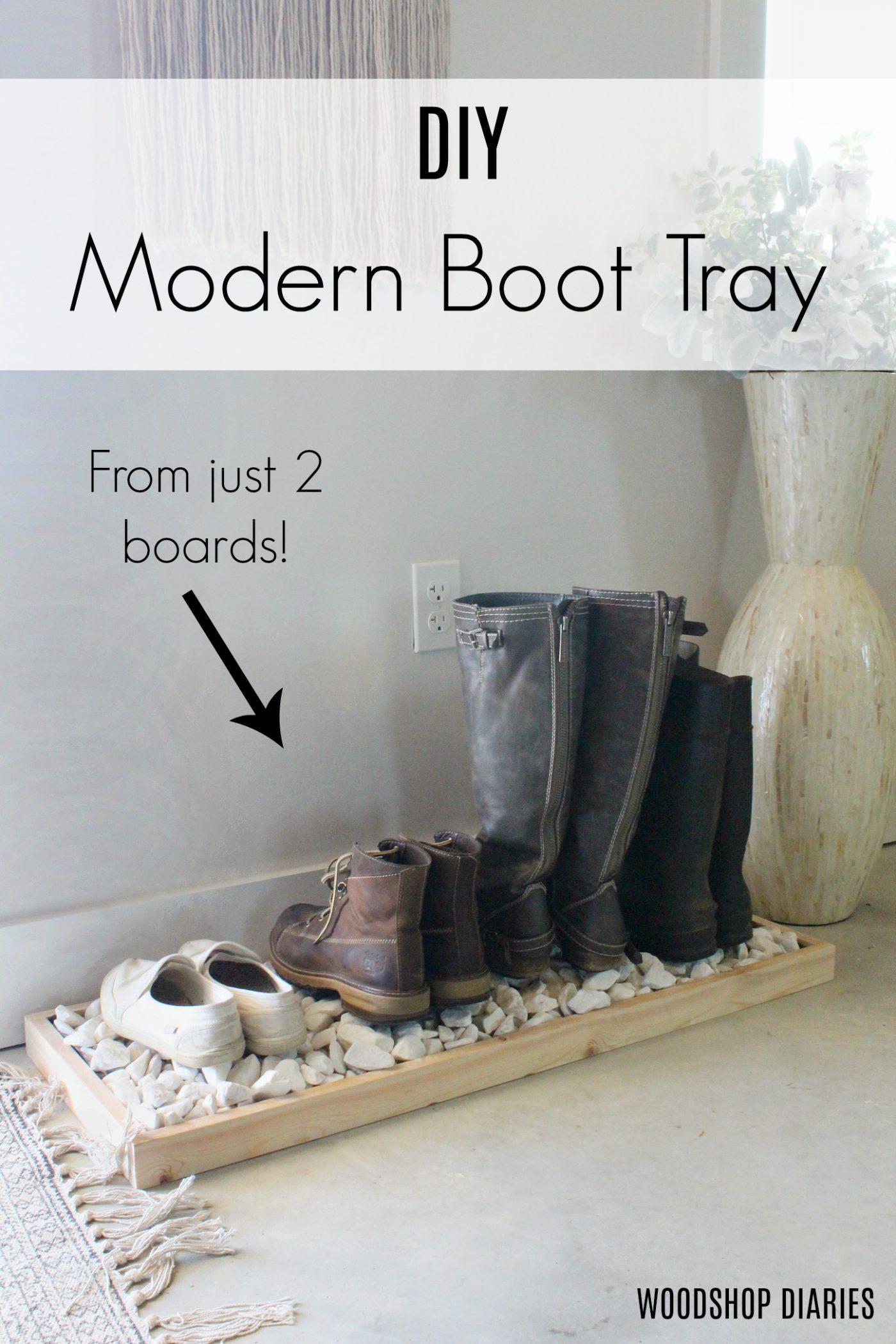 Wooden boot tray with white decorative rocks next to entryway door with text "DIY modern boot tray from just 2 boards"