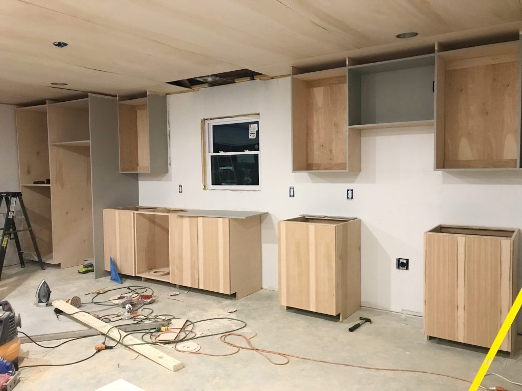 All kitchen cabinets installed ready for finish